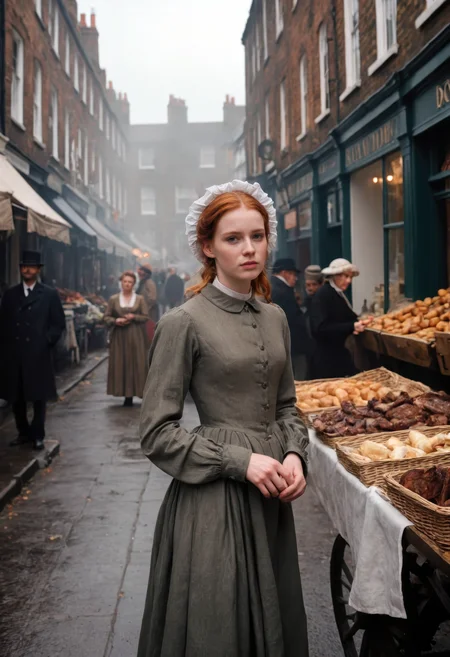 sdxl_jessidom, young woman with hair tucked under a linen bonnet, pale skin and downcast eyes filled with quiet resilience, dressed in a modest 1875 working-class Victorian dress with worn shawl, standing near a bustling street market in London, surrounded by wooden carts, hanging meats, and soot-stained brick buildings, soft overcast light and rising chimney smoke blending into a hazy amber atmosphere, cinematic lens depth with visible film grain and rich Kodak Portra-style color grading, historical fashion editorial with immersive composition and a contemplative, narrative mood