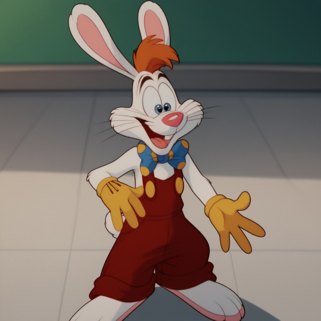 score_9, score_8_up, score_7_up, score_6_up, score_5_up, score_4_up, source_furry, Rogerrbbt, anthro, male, rabbit, rabbit ears, white fur, orange hair, red overalls, buck teeth, bowtie, yellow gloves, standing,
