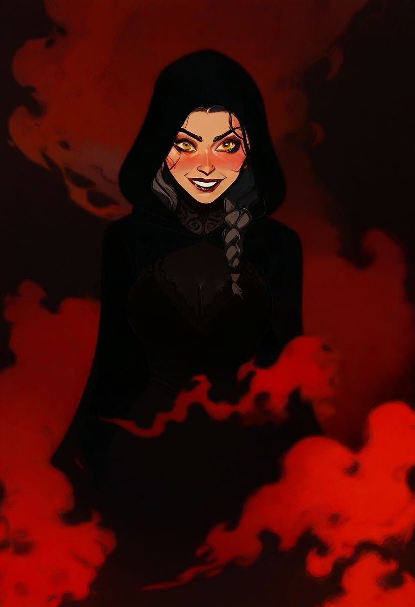 score_9, score_8_up, score_8, score_7_up, score_7, score_6_up, score_6, score_5_up, Score_5, rating_questionable, sexy girl, big boobs, cleavage , beautiful face, braided, crazy smile , evil , orange eye liner, sexy , hooded , burning cape , burning shoulders , fire mage , wearing black cloak , standing , intricate details