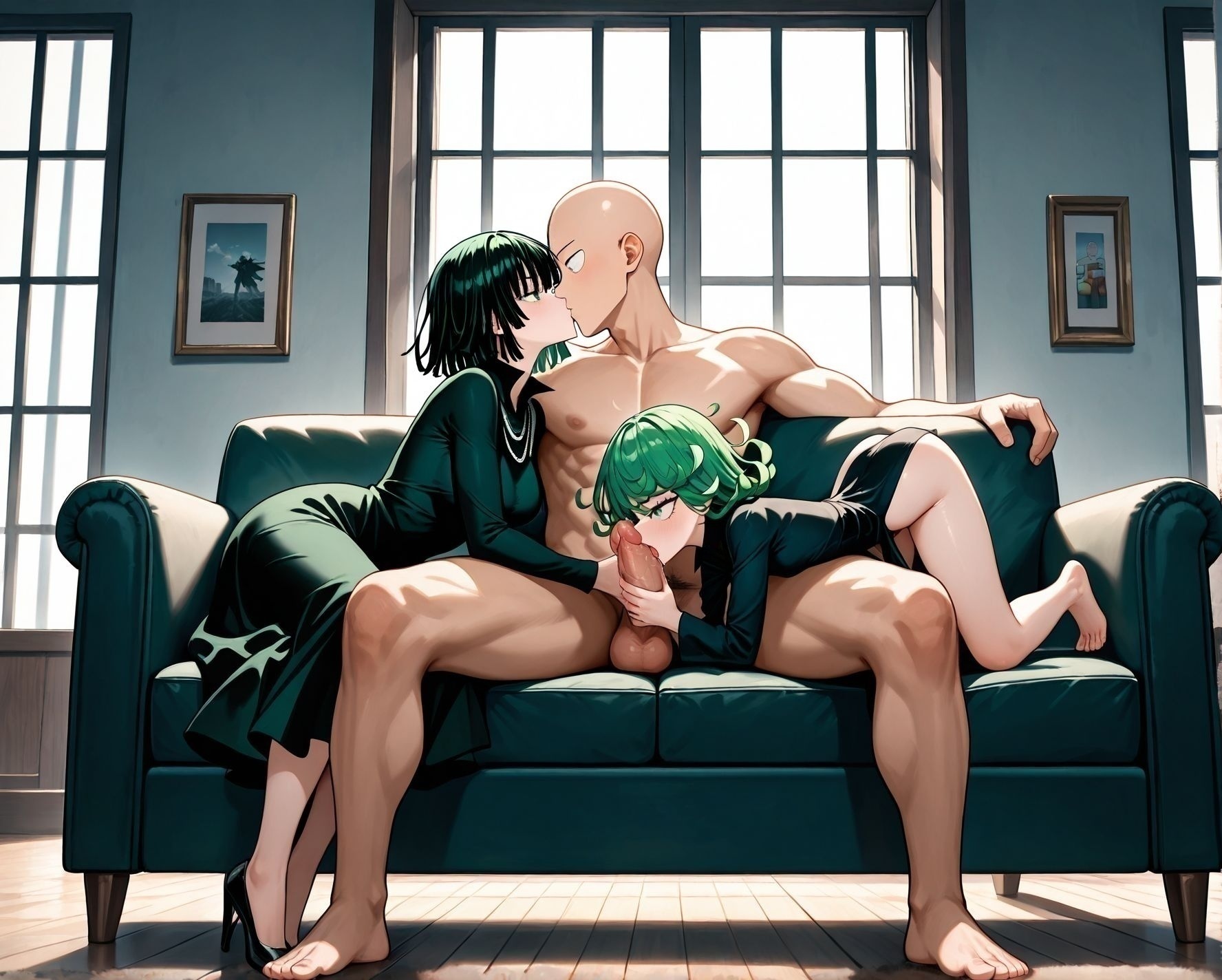 masterpiece,best quality,amazing quality,very aesthetic,absurdres,newest, huge filesize,
<lora:spo_sdxl_10ep_4k-data_lora_webui:0.5>,
<lora:add-detail-xl:1>
<lora:FFM_Kiss and Fellatio:0.9>,FFM_Kiss and FellatioV1,
Girl sandwich, clothed female nude male, 
front view,saitama \(one-punch man\),bald,  sitting on sofa, (full body:1.5), 
(2girls:1.7)
muscular male, spread legs, 
BREAK  
Girl sandwich, clothed female nude male, 
front view,saitama \(one-punch man\),bald,  sitting on sofa, (full body:1.5), 
(2girls:1.7)
sitting , from side, face to face,
 Couple kissing, kiss,looking at another, 
Fubuki from One-Punch Man,short hair,black green  hair, 
black dress, fur coat, 
BREAK
Girl sandwich, clothed female nude male, 
front view,saitama \(one-punch man\),bald,  sitting on sofa, (full body:1.5), 
(2girls:1.7)
 from side, all fours,  on sofa,  on side,
(oral sex,fellatio, penis, face down), (licking penis:1.2),     huge penis,  precum, 
Tatsumaki from One-Punch Man, dress, highleg,green hair, handjob, tongue out,