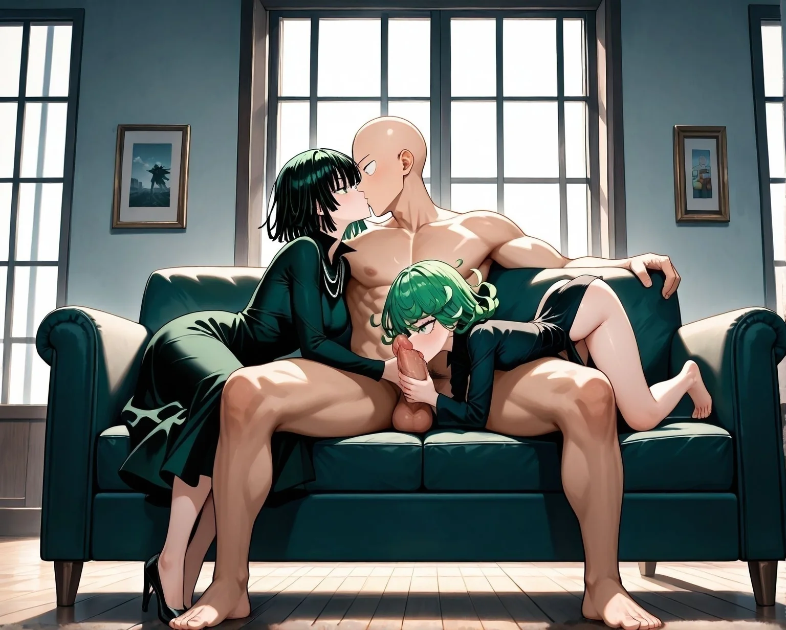 masterpiece,best quality,amazing quality,very aesthetic,absurdres,newest, huge filesize,
<lora:spo_sdxl_10ep_4k-data_lora_webui:0.5>,
<lora:add-detail-xl:1>
<lora:FFM_Kiss and Fellatio:0.9>,FFM_Kiss and FellatioV1,
Girl sandwich, clothed female nude male,
front view,saitama \(one-punch man\),bald, sitting on sofa, (full body:1.5),
(2girls:1.7)
muscular male, spread legs,
BREAK
Girl sandwich, clothed female nude male,
front view,saitama \(one-punch man\),bald, sitting on sofa, (full body:1.5),
(2girls:1.7)
sitting , from side, face to face,
Couple kissing, kiss,looking at another,
Fubuki from One-Punch Man,short hair,black green hair,
black dress, fur coat,
BREAK
Girl sandwich, clothed female nude male,
front view,saitama \(one-punch man\),bald, sitting on sofa, (full body:1.5),
(2girls:1.7)
from side, all fours, on sofa, on side,
(oral sex,fellatio, penis, face down), (licking penis:1.2), huge penis, precum,
Tatsumaki from One-Punch Man, dress, highleg,green hair, handjob, tongue out,