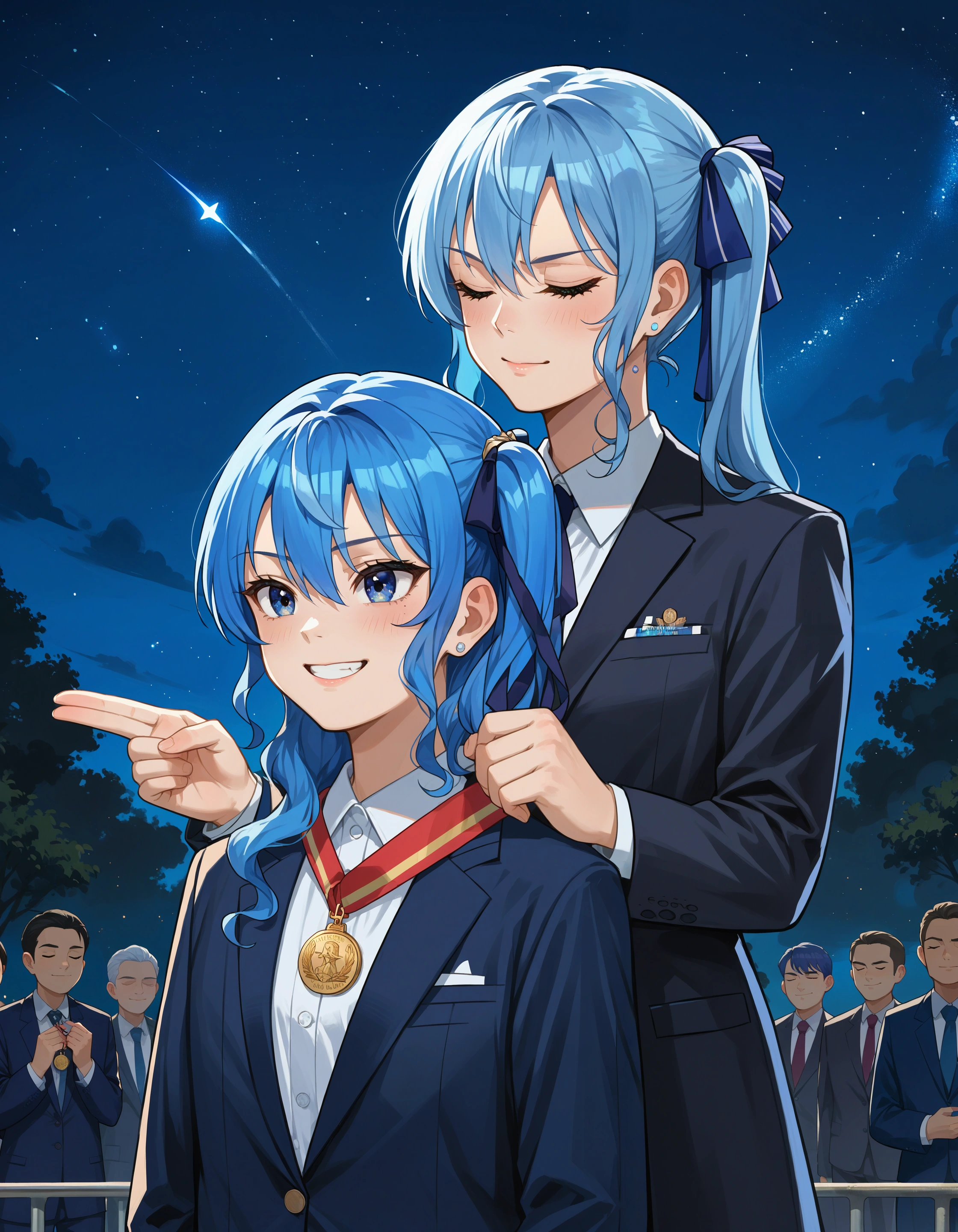 score_9, score_8_up, score_7_up, source_anime,
2girls, awarding medal, suit, behind another, night sky, starry sky,
 ADDCOMM
(lanr:1.2), blue hair, one side up, hair ribbon, star in eye,
 ADDCOL 
(lanr:1.2), (blue hair:1.1), one side up, hair ribbon, closed eyes,
<lora:concept_awarding-behind-rls:1>