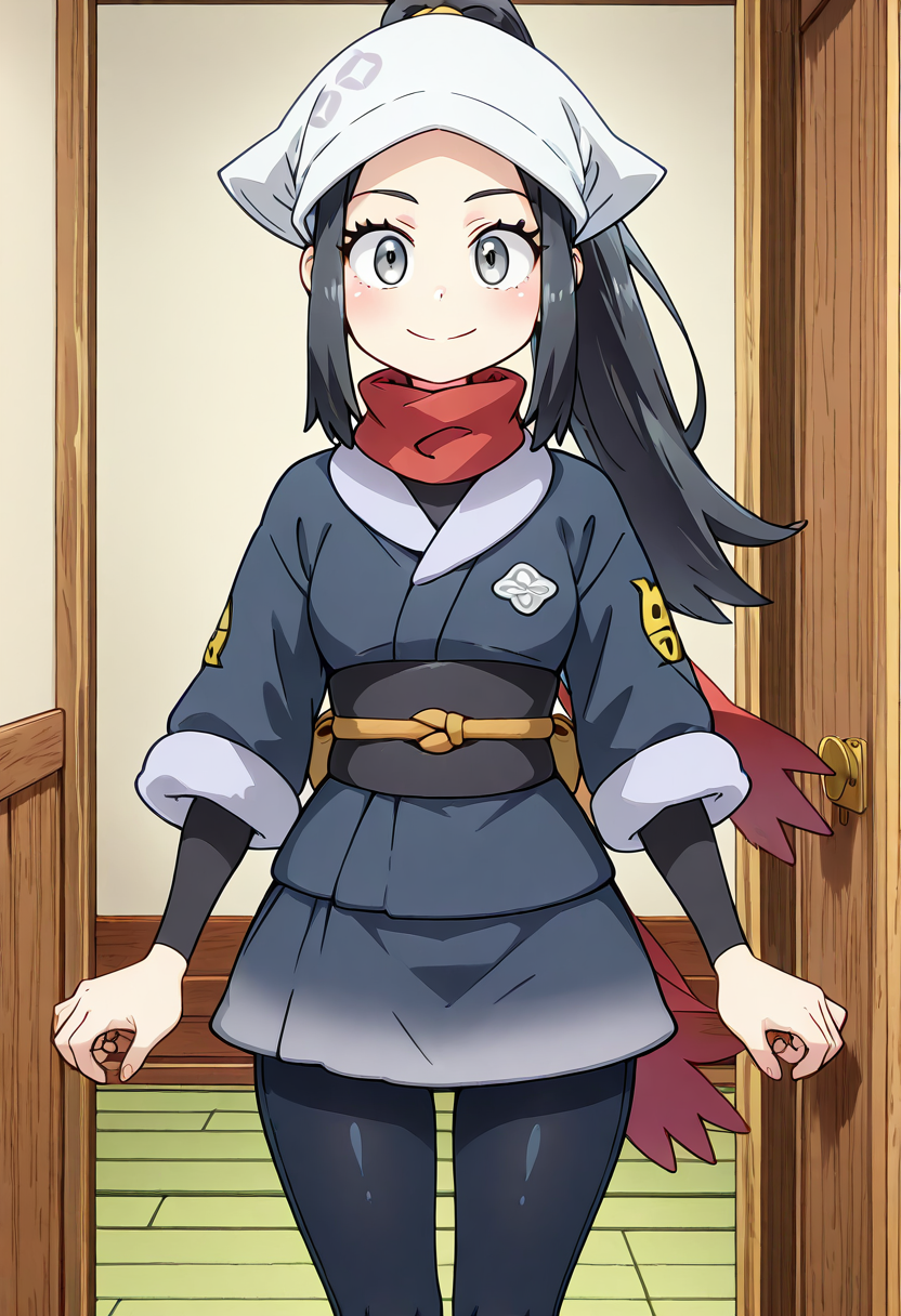 (masterpiece, best quality, good quality, very aesthetic, absurdres, newest:1.2),  zzAkari, grey eyes, eyelashes, black hair, long hair, white headwear, sidelocks, ponytail, black pantyhose, black undershirt, jacket, loose socks, pantyhose, red scarf, sash,  ,<lora:AkariPokemon_IXL_v2:1.0>,, smile, looking at viewer, cowboy shot,  ,<lora:IshuzokuReviewersNAI:1.0>,