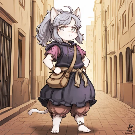 BREAK, <lora:Sheena_Falafel:1>, Sheena Falafel, Fuga: Melodies of Steel, kemono, furry female, young female, 1girl, cat girl, white fur, grey eyes, pastel blue hair, long hair, ahoge, bangs, sidelocks, animal ears, cat ears, animal nose, pink nose, Fuga 2 appearance, ponytail,
BREAK, Fuga 2 Outift, barefoot, braided anklet, claws, braided wristband, waist sash, pink bloomers, puffy skirt, tan satchel, paw print on stachel, purple blouse, short sleeves, crossstitch symbol on sleeve, dark grey cloak, hooded cloak, sleeveless cloak,
BREAK, solo, outside, city, side walk, sunny, full body, looking at viewer, standing, angry, pout, hands on hips, fists,