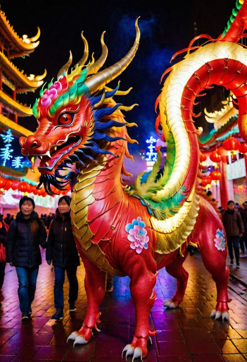 A vivid and ((multicolored Qilin), midnight, in a chinese red lantern festival street with people walking around), magnificent horns, vibrant feathers, majestic and legendary, captures attention with its vibrant hues, colorful high contrast, from china, festival of rich colors, hong kong, epic colors, formidable, rain, eyes lit, standing in the dark, anamorphic lens flares 4k, best of behance, holy flame crown spell, creative commons attribution, wallpaperflare, steven jung, trending on mentalray, hyper realstic, featured on pexels, big horn, highly beautiful, casting a magic spell, color overlay, =	,
