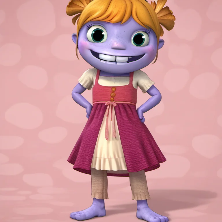 solo, 1girl, ginag1, freckles, blonde hair, smile, full body, barefoot, looking at viewer, colored skin, dress, purple skin, hand on hip, buck teeth, <lora:ginag1:1>,