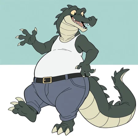 1boy, solo, official art, masterpiece, best quality, amazing quality, male, males only, male focus, Carv, crocodile, scalie, green skin, tan belly scales, head spikes, tail spikes, claws, tan claws, 4 fingers, 3 toes, tan sclera, black pupils, long snout, sharp teeth, long tail, bottom heavy, overweight, big belly, white tank top, blue jeans, belt, male, solo, high quality, detailed, amazing shading, digital art, masterpiece