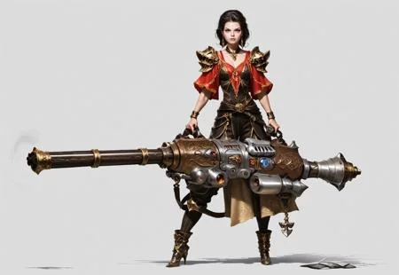 score_9, score_8_up, score_7_up, rating_safe, concept art, semi-realistic, 1girl, solo,
Young beautiful face, fit body,
HHWeapon, Holding weapon, ((Huge weapon)),
Holding weapon with two hands.
Fantasy gun. Rotary gun.
Simple background.