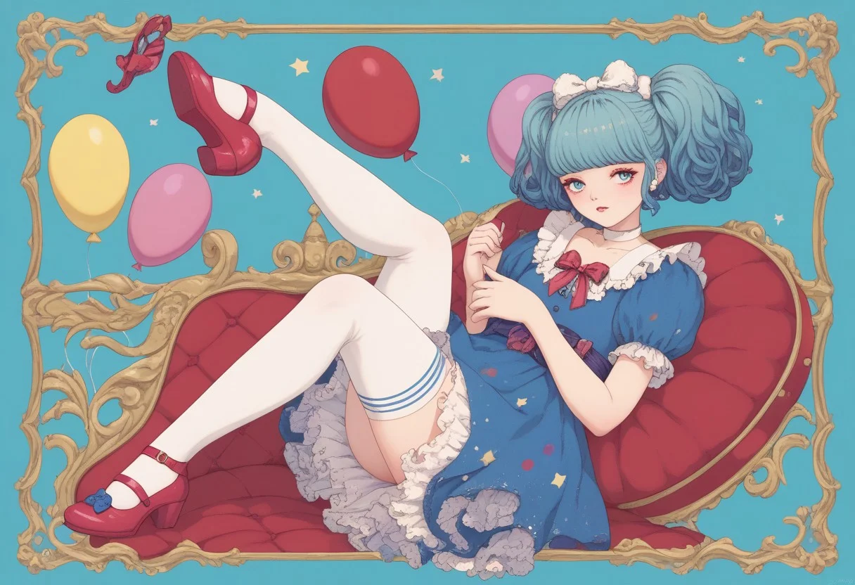 score_9, score_8_up, score_7_up,
masterpiece, best quality, detailed, amazing quality,
detailed background,
detailed face, detailed eyes, pastel colors,
solo, 1girl, dress, stockings, looking to the side, cute, lovely, easynegative, closeup, flat colors, defined lines, legs in the air, circus, red blue white gold colors, many items, surrounded, balloons