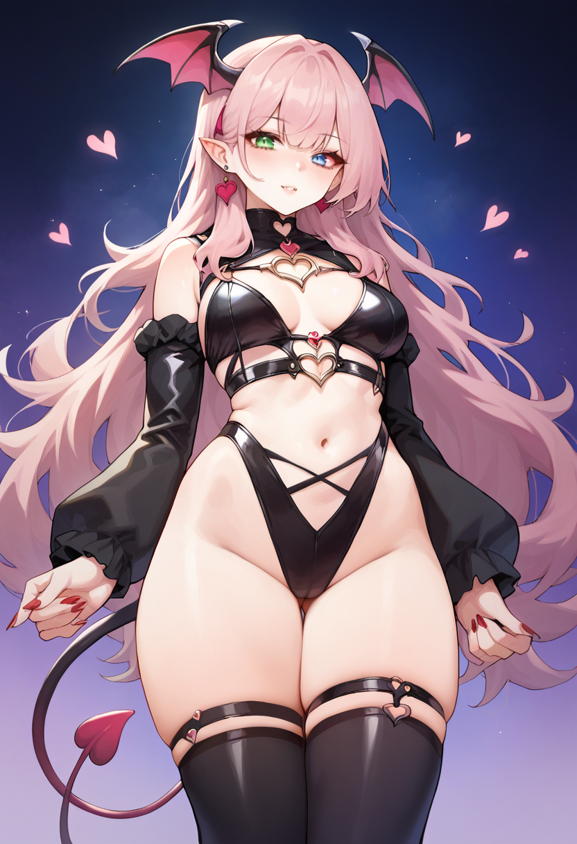 score_9, score_8_up, score_7_up, source_anime, 1girl,brown hair, green eyes, heterochromia, blue eyes, pink hair, succubus, succubus outfit, black outfit, medium breasts, thick thighs, wide hips,   <lora:Mochirong-Style-PonyXL-Dora:1>