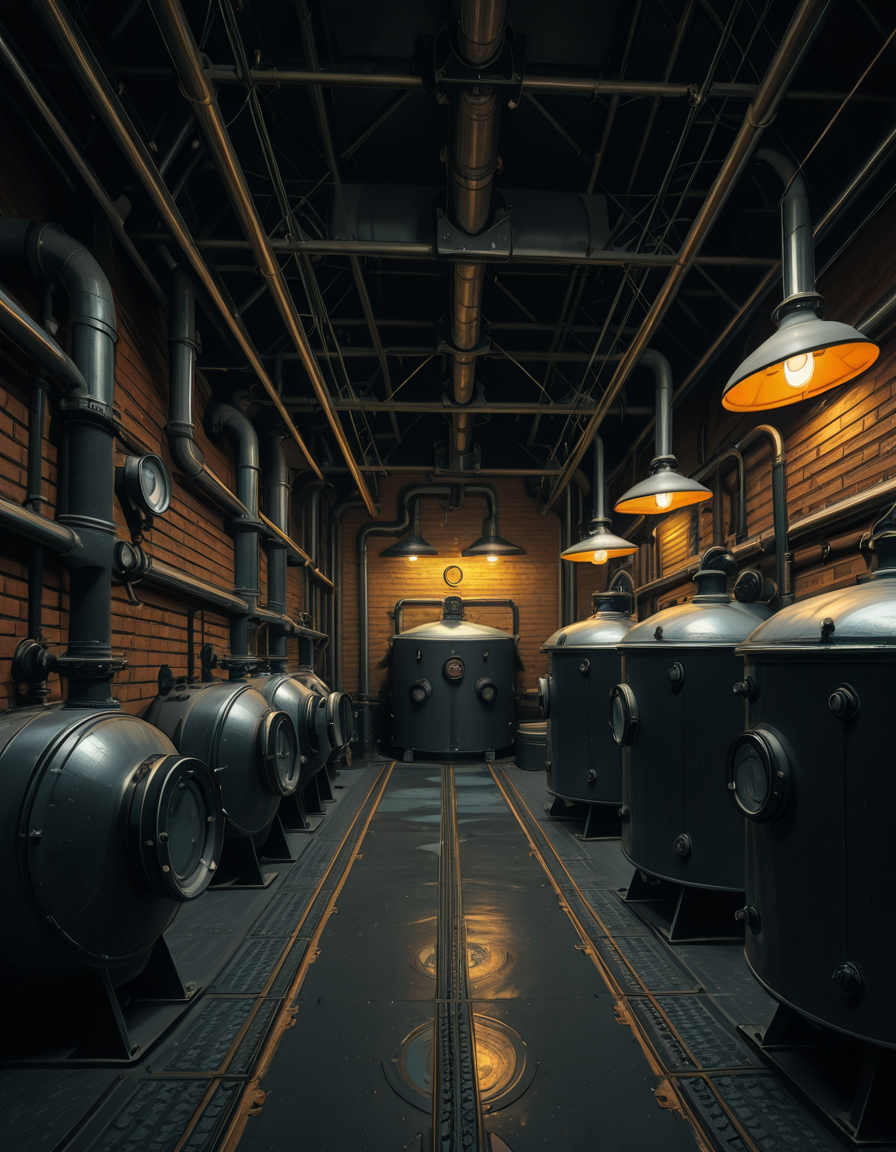 A highly detailed and realistic photograph of an industrial boiler room filled with large metal boilers, complex pipe systems, and pressure gauges. The room is dimly lit with a mix of warm yellow lighting from overhead industrial lamps and cool blue reflections from metallic surfaces. The air is slightly hazy with steam escaping from some of the pipes. The floor is made of reinforced concrete with visible stains from oil and water. Various control panels with blinking LED indicators and warning signs are mounted on the walls. The atmosphere is rugged and mechanical, evoking a sense of power and industrial efficiency. The depth of field is sharp, capturing intricate details such as rust on old pipes, the texture of the metal surfaces, and the labels on the control panels. The composition emphasizes symmetry, with pipes and machinery creating a structured, almost futuristic aesthetic.
<lora:SDXLFaeTastic2400:0.4> <lora:extremely_detailed:0.4> extremely detailed, <lora:industrial_boiler_room-i:1>,industrial b01l3r r00m, Masterpiece,best quality,hi res,8k,hi res,8k,award winning,(sharp focus, intricate, highly detailed),