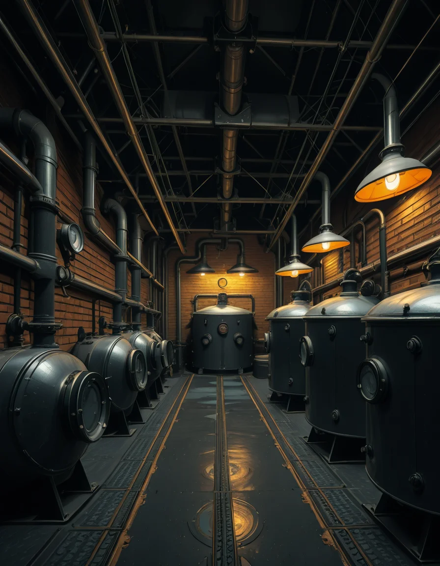 A highly detailed and realistic photograph of an industrial boiler room filled with large metal boilers, complex pipe systems, and pressure gauges. The room is dimly lit with a mix of warm yellow lighting from overhead industrial lamps and cool blue reflections from metallic surfaces. The air is slightly hazy with steam escaping from some of the pipes. The floor is made of reinforced concrete with visible stains from oil and water. Various control panels with blinking LED indicators and warning signs are mounted on the walls. The atmosphere is rugged and mechanical, evoking a sense of power and industrial efficiency. The depth of field is sharp, capturing intricate details such as rust on old pipes, the texture of the metal surfaces, and the labels on the control panels. The composition emphasizes symmetry, with pipes and machinery creating a structured, almost futuristic aesthetic.
<lora:SDXLFaeTastic2400:0.4> <lora:extremely_detailed:0.4> extremely detailed, <lora:industrial_boiler_room-i:1>,industrial b01l3r r00m, Masterpiece,best quality,hi res,8k,hi res,8k,award winning,(sharp focus, intricate, highly detailed),