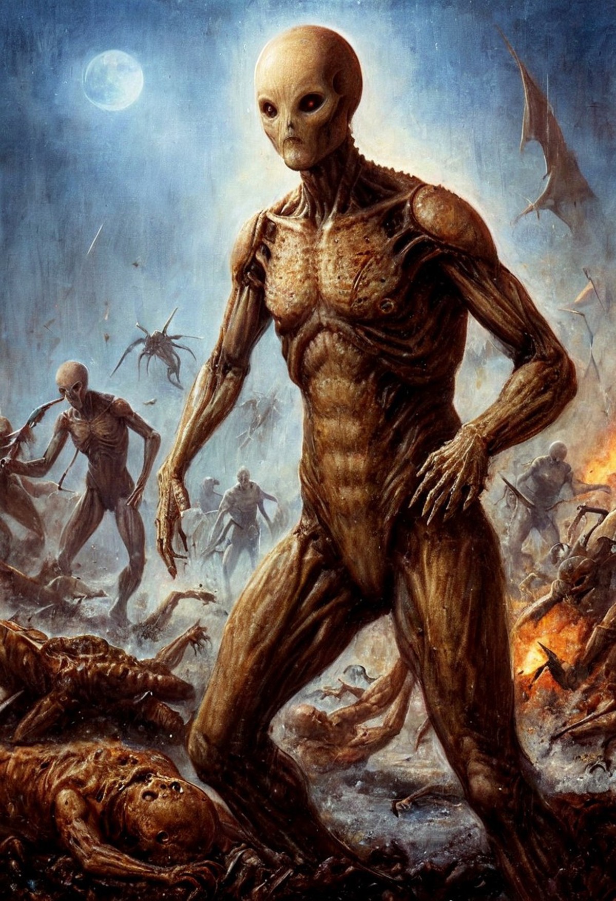 alien invasion, epic, dramatic, battle, horror, by Antonio Bueno, art modern