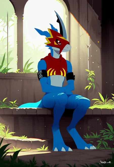 flamedramon, furry, blue skin, mask, arm belt, crop top, 1boy,
dnd, flat_sdxl:2
d3c4y, overgrown, sunlight, indoors, sitting, ruins, window,
smiling