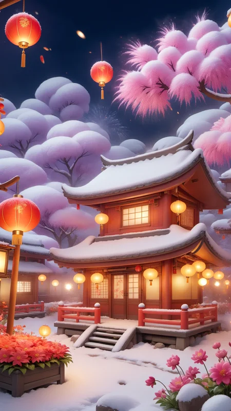 <lora:Chinese Spring Festival scene_XSE_GAME_V1:0.8>,cjcj,lantern,no_humans,outdoors,night,fireworks,in a meadow,flower tree,square,onsen,yard,lots of lanterns,snowing,european-style small building,