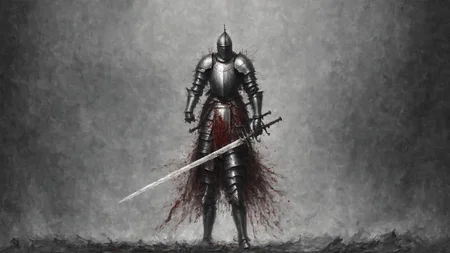 <lora:DarknessAI:1.2>knight in battle, decayed world. majestic oil painting, smoke and dust, sword drips with blood, DarknessAI