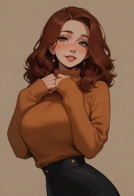 score_9, score_8_up, score_7_up, score_6_up,
pretty woman, 21 year old, 1girl, pale skin, eyeliner, eyeshadow, auburn hair, pretty face, pretty eyes, huge breasts, sweater, skirt, standing, shy, smile,