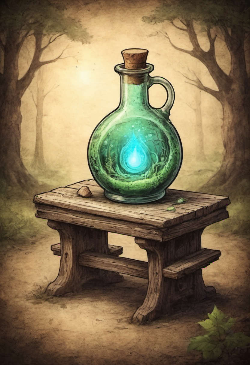 on parchment bottle filled with glowing luminous magical potion on a rustic bench background magical forest
