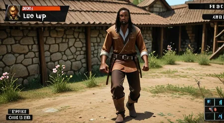 VG_SS, fake screenshot, english text,
(High Resolution), (More Details), (8K), (High Resolution)
Fake video game interface.
Scrolled beat'em up.
1 man,
RDR2Charles, black hair, brown eyes, long hair, facial hair, dark skin
full body, zoomed out,exactly facing right clenched fists, ready for fist-fight.
BREAK
and 3+ bandits, cowboy attire, facing left , ready for fist-fight.
backdrop is a small town in USA in 1899, spring, 6pm.