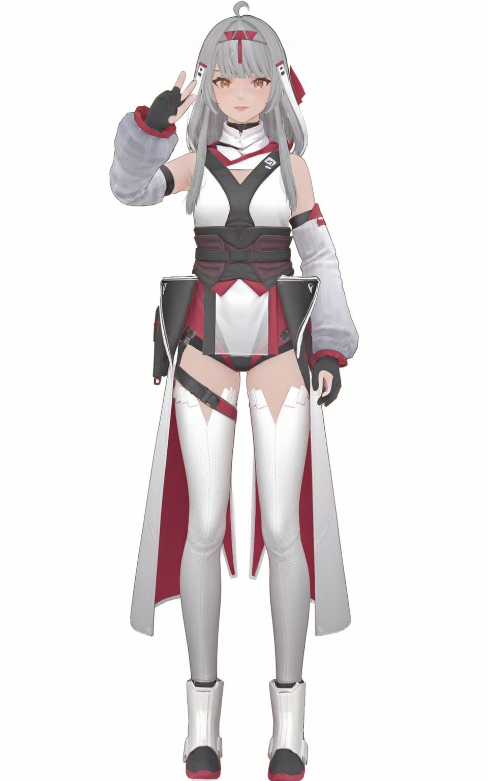 8k, best quality, masterpiece, (ultra-detailed), (high detailed skin), 
full body, full shot, standing, looking at viewer, (solo:1.2), simple background, white background, V, 
<lora:akxy-atw-Tanger-000010:0.8>, akxy, ciyuan, second clothes, Combat uniforms, 1girl, black gloves, detached sleeves, virtual youtuber, ahoge, grey hair, long hair, white thighhighs,