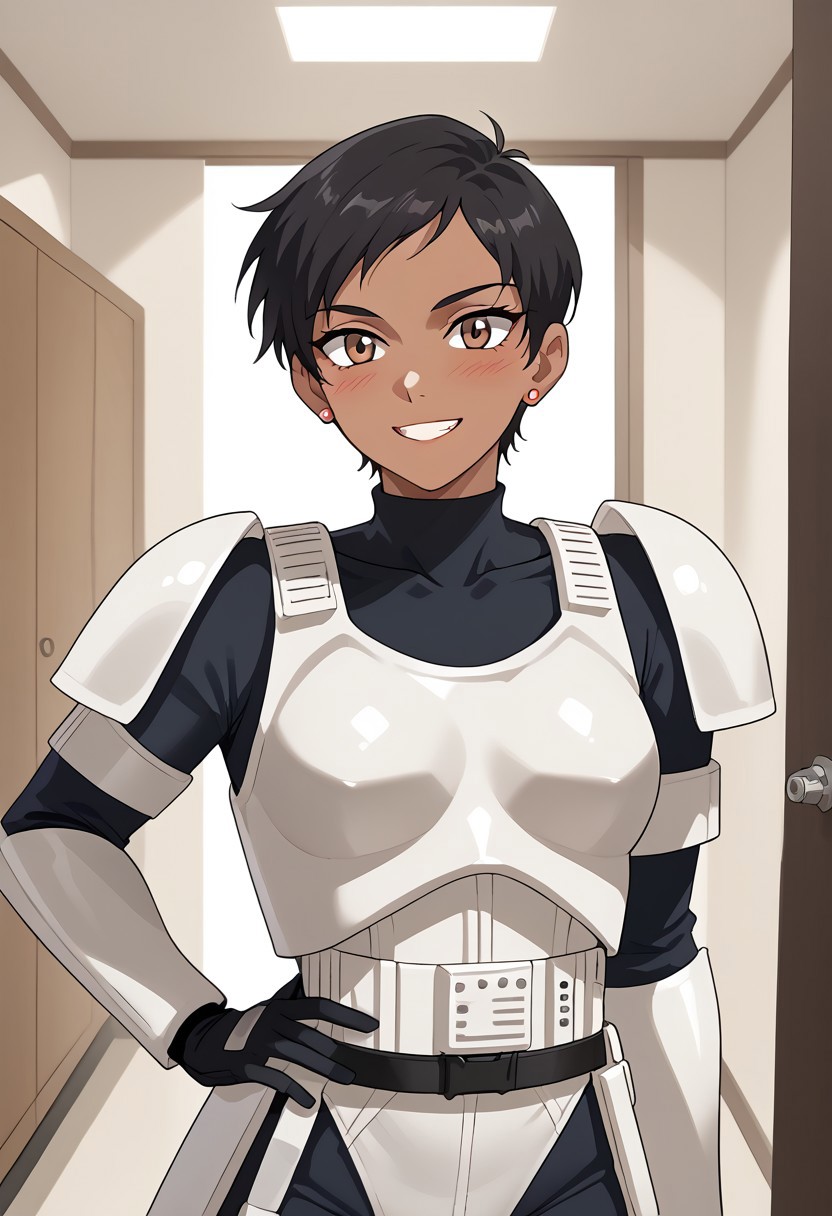 score_9,score_8_up,score_7_up, BREAK ,LoisSDXL,1girl, solo, short hair,black hair,brown eyes,jewelry,earrings,dark skin,dark-skinned female, BREAK,stormtrooper, armor, white armor, bodysuit under clothes, black gloves, belt, covered collarbone, covered neck, BREAK,cowboy shot, hand on hips, standing, looking at viewer, blush, smile, BREAK, indoors, room, closet, Expressiveh