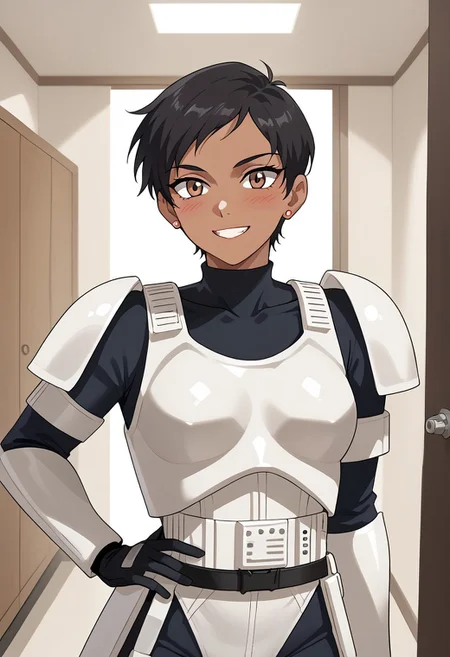 score_9,score_8_up,score_7_up, BREAK ,LoisSDXL,1girl, solo, short hair,black hair,brown eyes,jewelry,earrings,dark skin,dark-skinned female, BREAK,stormtrooper, armor, white armor, bodysuit under clothes, black gloves, belt, covered collarbone, covered neck, BREAK,cowboy shot, hand on hips, standing, looking at viewer, blush, smile, BREAK, indoors, room, closet, Expressiveh