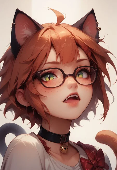 score_9, score_8_up, score_8, score_9, glasses, tattoo, choker, red bow, freckles, piercing, cat ears, tail, cat paw, red bow on hair, cat girl, fangs, nekomiyahinata, perfecteyes