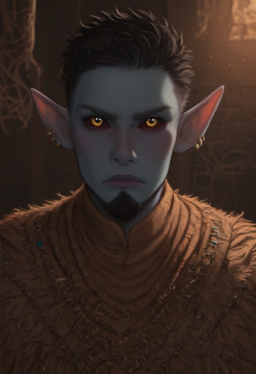 solo, short pointy ears, piercings, random elf face, aquiline features, male dark elf, masculine, long beard, weathered skin, large nose, athletic build,  animated realism, zoomed out, Syrian features, torso, brass pipes and gears, intricate architecture, dwarven masonry, dwemer fixtures, white-green light, gloomy lighting, ancient ruins, interior, stone tiled floor, grey-blue skin, mahogany and ivory clothes, medium armor, bone plate armor, ivory straps and fittings, alien bone ornaments, grey wood neckguard, dark red sclera, black pupils, distant mushroom forest, blue-green light, neon, highly detailed, defined features, looking at viewer, three quarters view, from front, dynamic lighting, 56 years old, light and shadows, patterned cloth, annoyed expression, expressive eyes, detailed medieval clothes, short hair, wavy hair, thick hair, beaded hair, braided hair, under cut hair, semirealistic, alien elf, spanish features, jewish features, black hair, dark red hair, umber skin, sharp features, pastel green berber print cloak, nighttime, high detail, absurdres, pretty eyes, detailed eyes, yellow eyes,