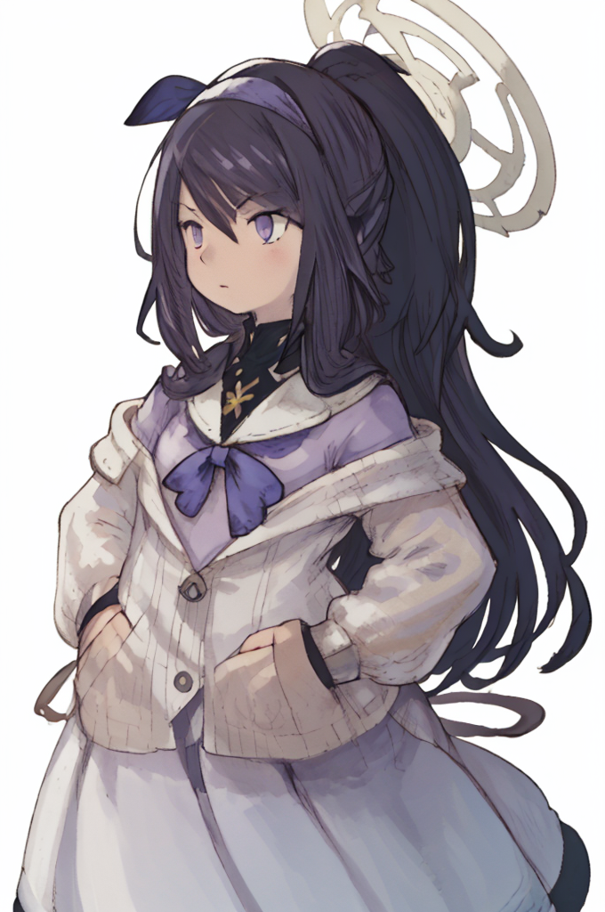 (Yoshida_Akihiko_PonyXL_style_v02.10.01:1.0) solo, 1girl, halo, white background, chibi head, ui (blue archive),purple eyes, bags under eyes,high ponytail,long hair,black hair,hairband,hair ribbon, halo,cardigan, white long skirt, hands on hips, (Bravely Default Style), yoshida akihiko, purple eyes, <lora:pony\char\game\ba\ui_blue archive_PONY_last.safetensors>, <lora:pony\style\Yoshida_Akihiko_PonyXL_style_v02.10.01.safetensors>, <lora:styles\yoshida_akihiko_offset.safetensors>, <lora:styles\BravelyDefault.safetensors>, <checkpoint:[Pony] prefectPonyXL_v10.safetensors>, <checkpoint:[SD15] tfmCutesyAnime2_genesis.safetensors>