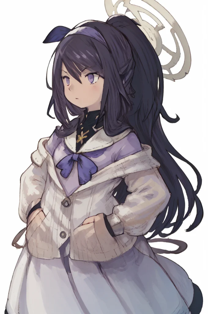 (Yoshida_Akihiko_PonyXL_style_v02.10.01:1.0) solo, 1girl, halo, white background, chibi head, ui (blue archive),purple eyes, bags under eyes,high ponytail,long hair,black hair,hairband,hair ribbon, halo,cardigan, white long skirt, hands on hips, (Bravely Default Style), yoshida akihiko, purple eyes, <lora:pony\char\game\ba\ui_blue archive_PONY_last.safetensors>, <lora:pony\style\Yoshida_Akihiko_PonyXL_style_v02.10.01.safetensors>, <lora:styles\yoshida_akihiko_offset.safetensors>, <lora:styles\BravelyDefault.safetensors>, <checkpoint:[Pony] prefectPonyXL_v10.safetensors>, <checkpoint:[SD15] tfmCutesyAnime2_genesis.safetensors>