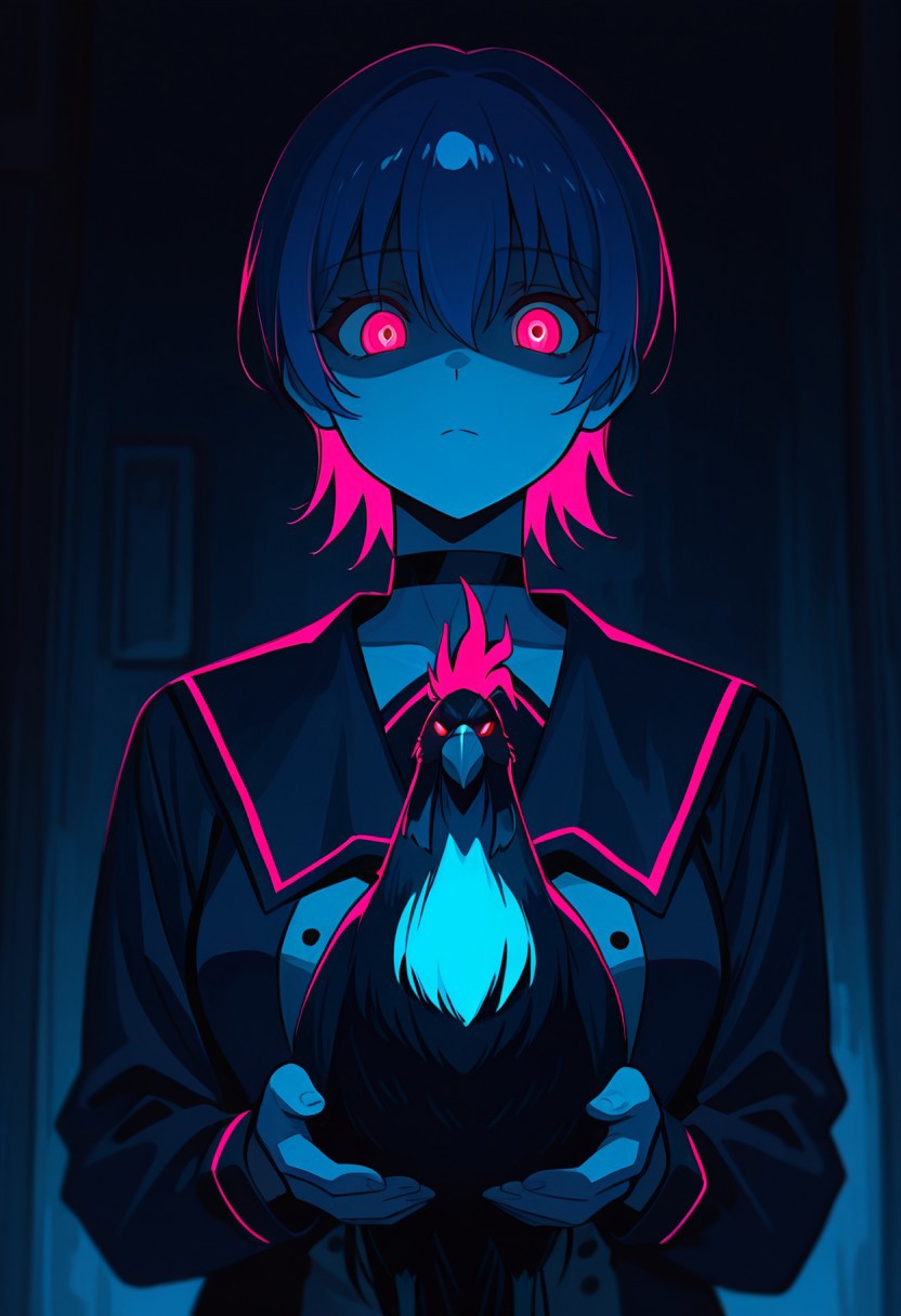 masterpiece,  best quality, newest, highres, absurdres, <lora:LeIsT0_style:1>,LeIsT0_illu,1girl, Yuuki Miyagishi, short hair, red eyes, holding animal, solo, dark, school uniform, bird, looking at viewer, holding, long sleeves, serafuku, animal, glowing eyes, rooster, glowing, bangs, closed mouth, hair between eyes, choker, dark_theme, pink highlights, blue_theme, black background, foreshortening, depth of field, blurry edges, ,