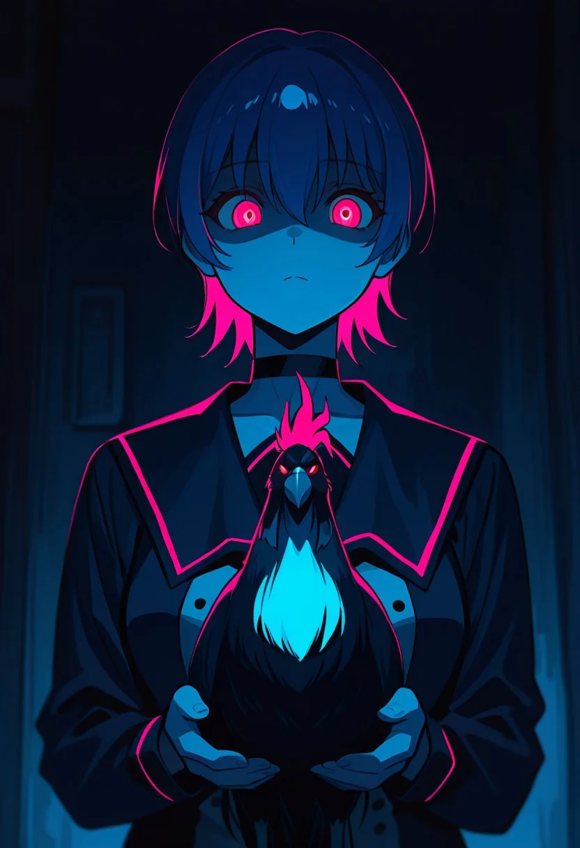 masterpiece, best quality, newest, highres, absurdres, <lora:LeIsT0_style:1>,LeIsT0_illu,1girl, Yuuki Miyagishi, short hair, red eyes, holding animal, solo, dark, school uniform, bird, looking at viewer, holding, long sleeves, serafuku, animal, glowing eyes, rooster, glowing, bangs, closed mouth, hair between eyes, choker, dark_theme, pink highlights, blue_theme, black background, foreshortening, depth of field, blurry edges, ,
