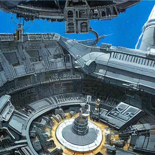 ralph-mcquarrie style, ancient greek architecture done in a sci-fi style space station, oil painting, beautiful, highly detailed, just the space station liminal