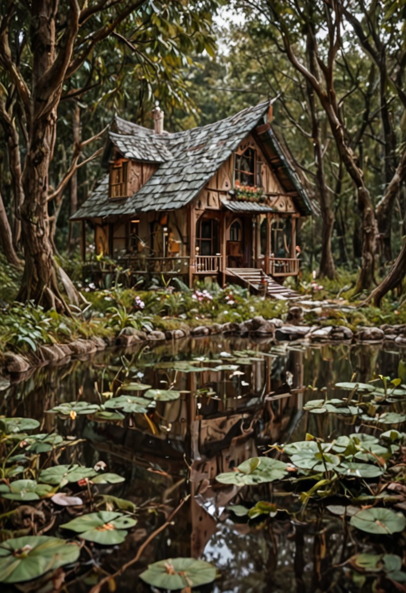 Photography of a cottage near a pond, spring time.In the depths of a romantic forest small house.