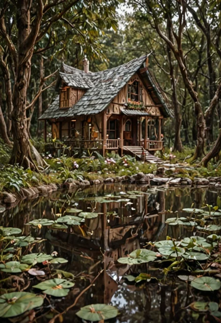 Photography of a cottage near a pond, spring time.In the depths of a romantic forest small house.