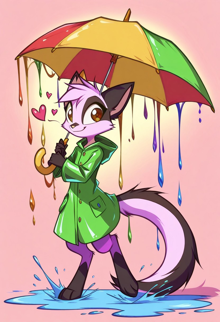 Dreamkeepers,1girl,Prelude_Vi,solo,furry,tail,source_furry,hazel eyes,
child, kid,
in a frog-shaped raincoat holding a tiny umbrella, jumping into a puddle with a rainbow splash forming a heart shape, raincoat, umbrella, puddle, jumping, splash, rainbow, heart_shape, smile, happy, cute, short_hair, outdoor, playful, pastel_colors, simple_background