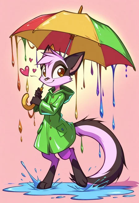 Dreamkeepers,1girl,Prelude_Vi,solo,furry,tail,source_furry,hazel eyes,
child, kid,
in a frog-shaped raincoat holding a tiny umbrella, jumping into a puddle with a rainbow splash forming a heart shape, raincoat, umbrella, puddle, jumping, splash, rainbow, heart_shape, smile, happy, cute, short_hair, outdoor, playful, pastel_colors, simple_background