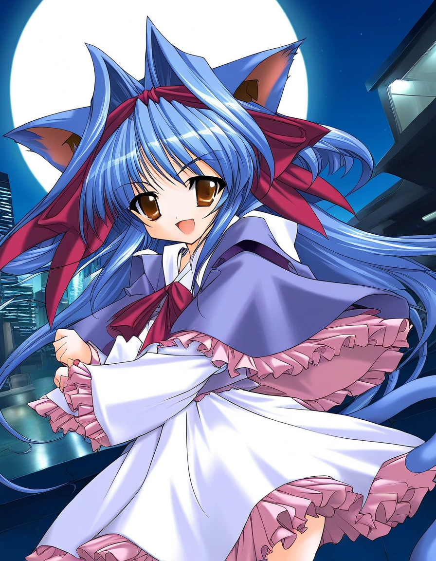 score_9, score_8_up, score_7_up, source_GAME, rating_explicit, BREAK <lora:Shion_mahjong_XL:1> Shion_mahjong, very long hair, blue hair, hair bow, hair intakes, brown eyes,  short stack, hair bow, white  dress,
solo, bow, upper body, purple capelet, frills, hair ribbon, wine red bow,  looking at viewer, cat tail, cat ears, 
open mouth,
smile, 
cyberpunk, gigantic size full moon,  night, near future city, buildings, outdoors,