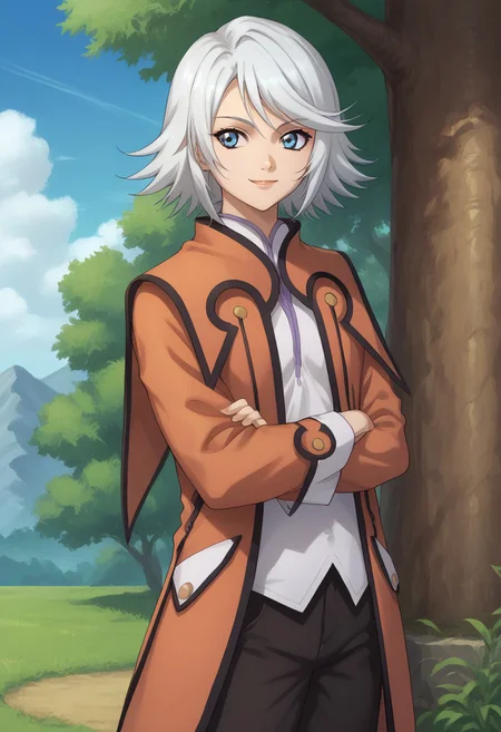 score_9, score_8_up, score_7_up, source_anime, highly detailed,
rainesage, solo, blue eyes, crossed arms, 1girl, short hair, smile, grey hair, coat,
orange coat, shirt, white shirt, long sleeves, pants, black pants,
outdoor, sky, tree