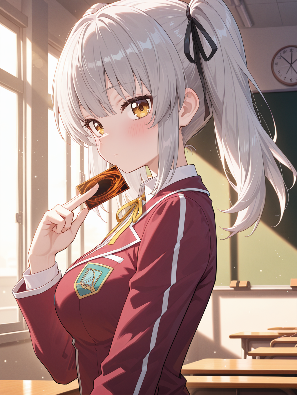 rein megumi,solo,1girl,card \(yu-gi-oh!\),upper body,closed mouth,looking at viewer,blush,sidelocks,from side,black hair ribbon,card between fingers,duel academy uniform \(yu-gi-oh! 5d's\),yellow neck ribbon,red blazer,white collared shirt,hand up,classroom,
masterpiece,best quality,amazing quality,very aesthetic,absurdres,newest,scenery,extreme detail,8k,light particles,soft lighting,volumetric lighting,intricate details,finely detailed,detailed eyes,<lora:Rain Megumi & Jackal Misaki illusXL v1:0.72>,