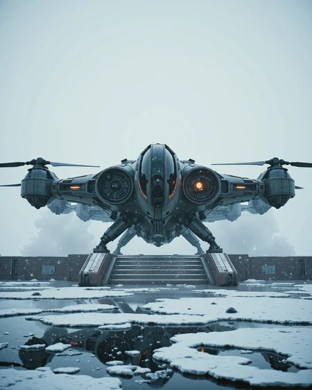 in the style of cksx,
dynamic angle shot of a VTOL ckspaceship gunship landing on a platform as the main focal point. in a snowstorm, snow, ice.