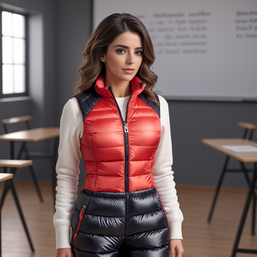 one spanish professional women ,unique, wearing  puffer snowpants,corset unique hair styles, 8k uhd, dslr, high quality, photorealistic, realism, hyperrealism, classroom scene
 <lora:snowpants_v1-000003:0.7>