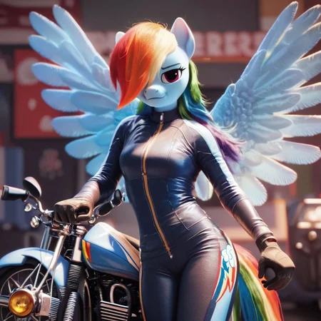 score_9, score_8_up, score_8, pony anthro, hair over one eye, Rainbow Dash, big wings, biker clothes, bikesuit, bodysuit, gloves, cowboy shot, motorcycle, motor vehicle, ground vehicle, on vehicle, cinematic, detailed