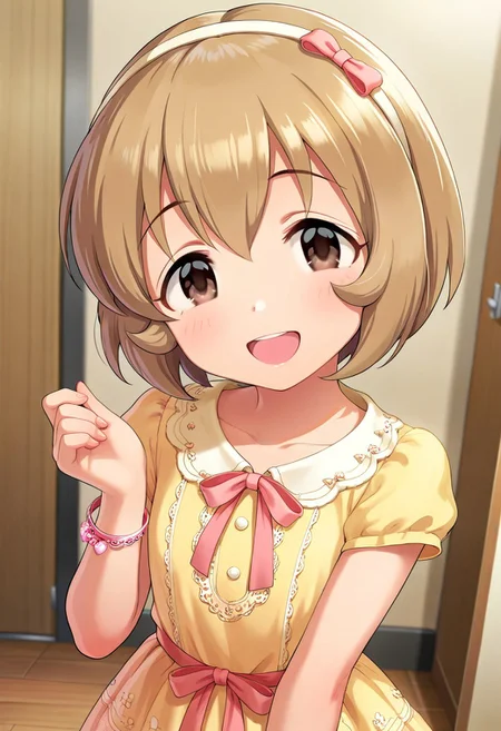 masterpiece,best quality,amazing quality, koga koharu, short hair, brown hair, brown eyes, 1girl, solo, open mouth, hairband, smile, looking at viewer, jewelry, dress, bow