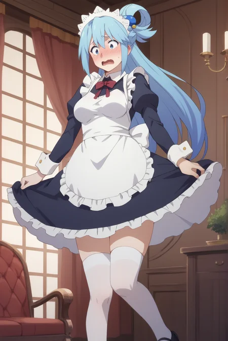 score_9, score_8_up, score_7_up, score_6_up, score_5_up, score_4_up, BREAK source_anime, 1girl, solo,
<lora:AquaXL-v1-07:0.7>, ChopioAqua, blue hair, long hair, very long hair, hair ornament, hair between eyes, blue eyes, 
mature female, (thick thighs:0.8), medium breasts,
single hair ring,
outfit_3, enmaided, maid, maid headdress, blue dress, juliet sleeves, red bowtie, maid apron, white bow, frills, white thighhighs, zettai ryouiki, black footwear,
living room, fantasy, standing, embarrassed, shy, open mouth, (blush:1.1),