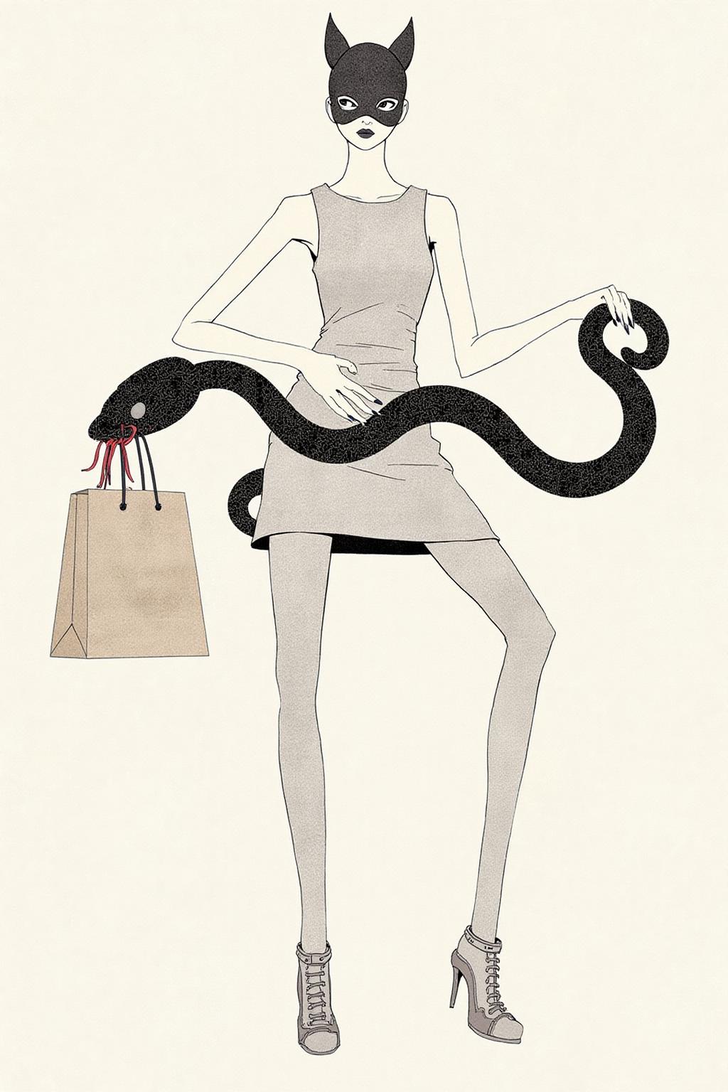 kchiba1 illustration. A slender woman wearing a ski mask with cat ears. She is dressed in a sleeveless knee-length dress. She is holding a boa constrictor. The boa constrictor is carrying a paper shopping bag in its mouth.  <lora:kchiba1_cap_d6a3:1.0><lora:837649400462560766:0>