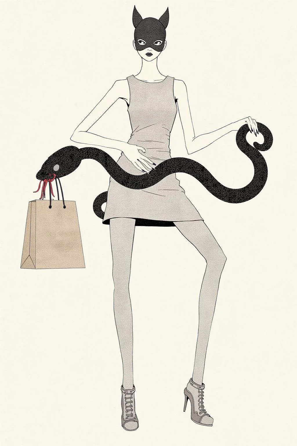 kchiba1 illustration. A slender woman wearing a ski mask with cat ears. She is dressed in a sleeveless knee-length dress. She is holding a boa constrictor. The boa constrictor is carrying a paper shopping bag in its mouth. <lora:kchiba1_cap_d6a3:1.0><lora:837649400462560766:0>