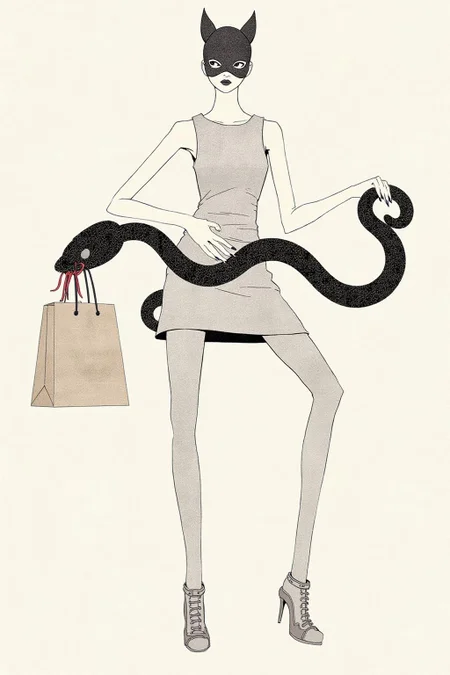 kchiba1 illustration. A slender woman wearing a ski mask with cat ears. She is dressed in a sleeveless knee-length dress. She is holding a boa constrictor. The boa constrictor is carrying a paper shopping bag in its mouth. <lora:kchiba1_cap_d6a3:1.0><lora:837649400462560766:0>
