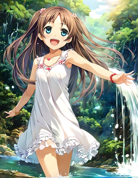 <lora:pony_xl_natsuha:0.8>,natsuha,score_9,score_8_up,score_7_up,source_anime,1girl,adorable_girl,solo,froom,it's a lot of fun,laughing,blush,open mouth,outdoors,day,nature,waterfall,river,forest,tree,water,wind,sunlight,sunbeam,lens_flare,arm up,hand up,outstretched arms,stand in the water,splashing water,cowboy_shot,white dress,sleeveless dress,ruffles,sundress,sleeveless,see-through,collarbone,bare shoulders,bare arms,heart shaped necklace,bracelet,jewelry,