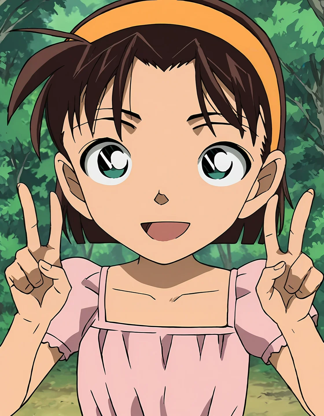 score_9, score_8_up, score_7_up, score_6_up, score_5_up, score_4_up, source_anime, <lora:AyumiY_T2V1:0.85>, <lora:sdxl_lightning_8step_lora:1>,
anime screencap, 1girl, solo,
AyumiY_T2V1, brown hair, short hair, forehead, bangs, aqua eyes, orange hairband,
pink shirt, puffy short sleeves, collarbone,
hands up, double v, upper body,
looking at viewer, smile, open mouth,
outdoors, nature, forest, day,